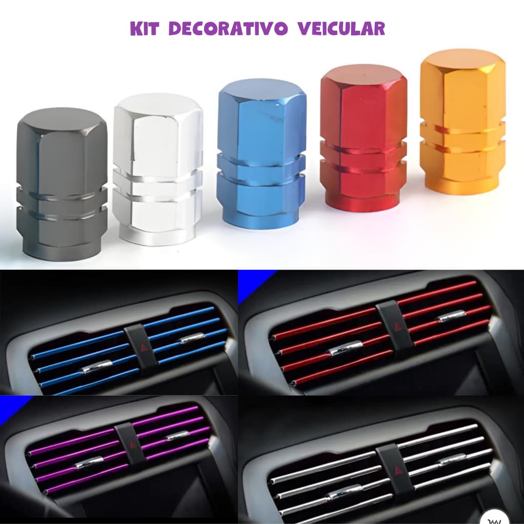 Kit Decorativo Metalizado - Tiras Decorativa De Saída De Ar Do Carro mais Tampa de Bico de Válvula para Pneus