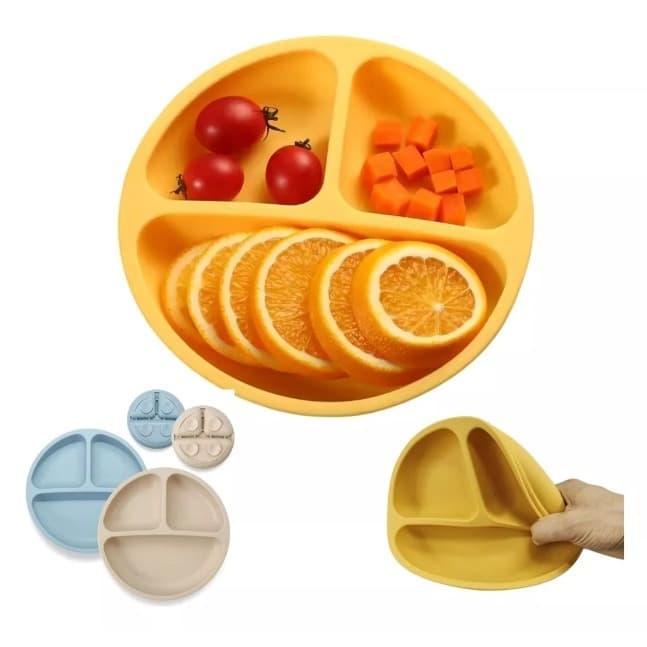 Kit 2 Unidades Prato Bebe Infantil Silicone Ventosa 3 Divisórias Introdução Alimentar Bebê