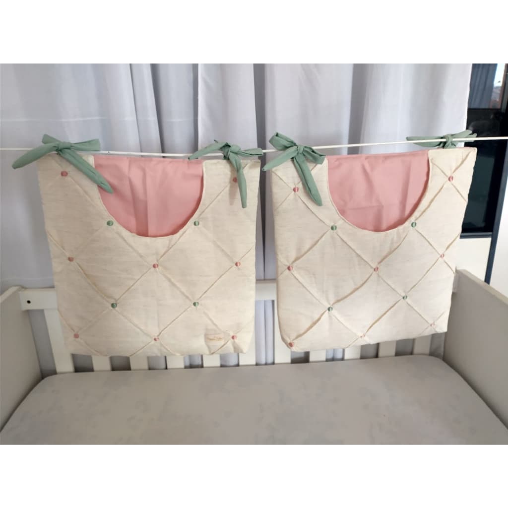 Porta Treco Decoração Quarto Bebe 2 Peças Jardim das Flores Rose com Linho
