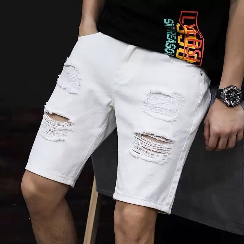 Short Bermuda Jeans Masculina Adulto Branco Preto Rasgado Sem Elastano Basica--da fábrica