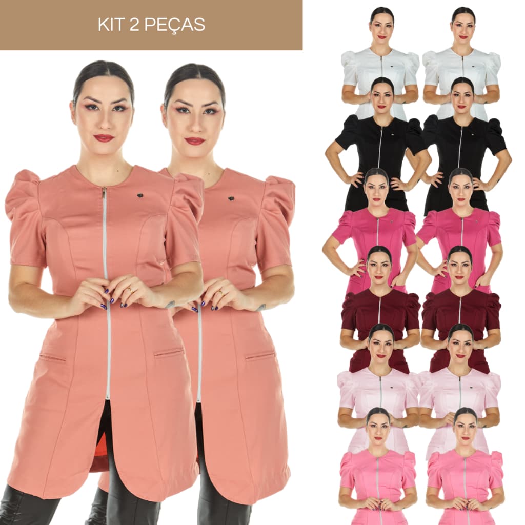 Kit 2 Jalecos Feminino Manga Curta Bufante Princesa Com Zíper Varias Cores