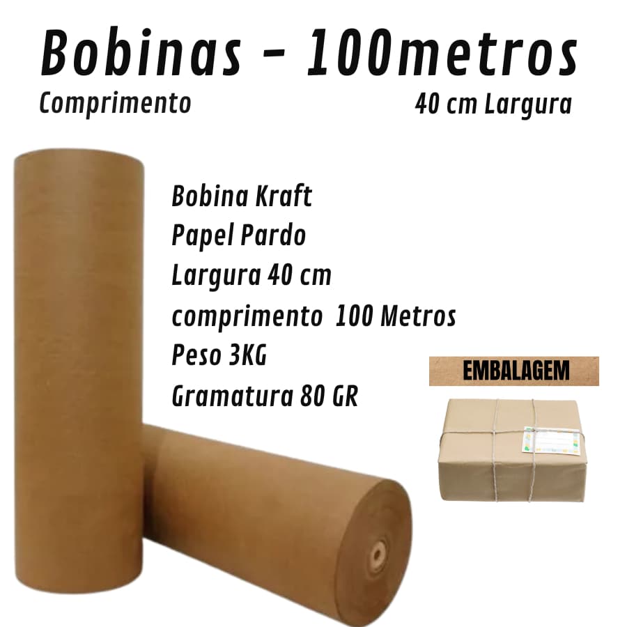 Bobina de Papel Kraft Natural 40 Cm X 100 Metros - 80 Gramas c/ 3KG