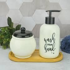 Jogo Banheiro Kit Lavabo Porcelana Sabonete Porta Escova Dentes Bandeja Bambu Acabamento