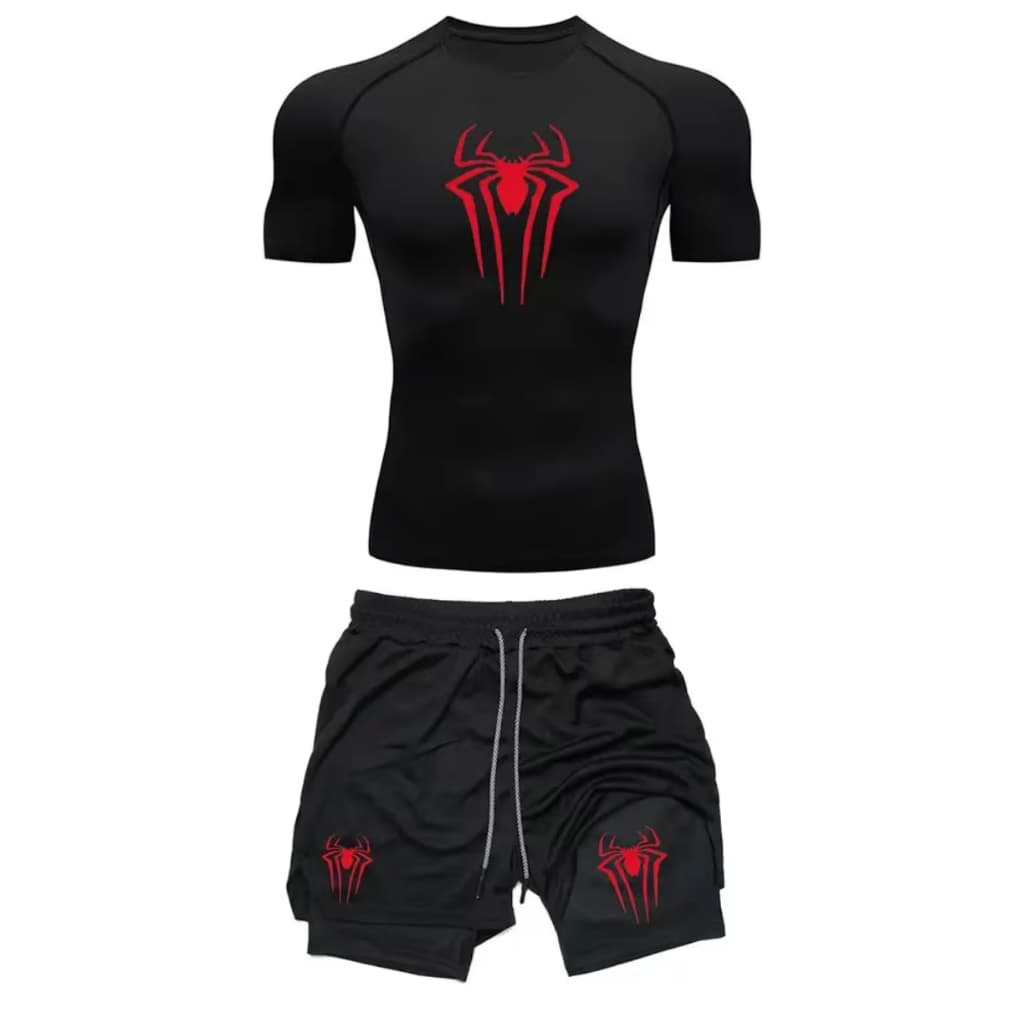 Kit Treino Academia Camiseta E Short Fitness Simbolo Aranha Gym Body Build