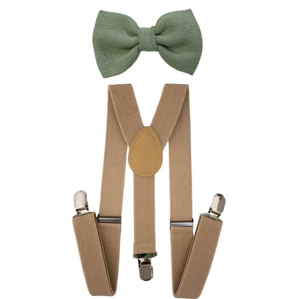 Kit Suspensório Bege e Gravata Borboleta Verde Oliva Premium Infantil Para Pajens de Casamento