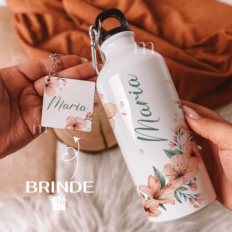 Presente feminino, Garrafa personalizada com nome floral rosa, Squeeze personalizada+chaveiro, presente criativo amiga