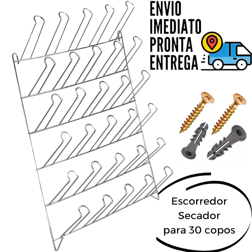 Escorredor Porta Copos De Parede Para Bar e Restaurante Cromado Para 20 24 e 30 Copos Nota 5.0