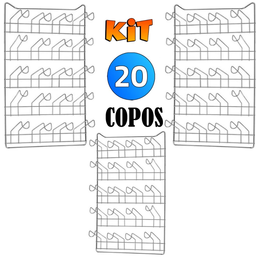 Kit 3 Escorredor Cromado Secador De 20 24 e 30 Copos Para Parede