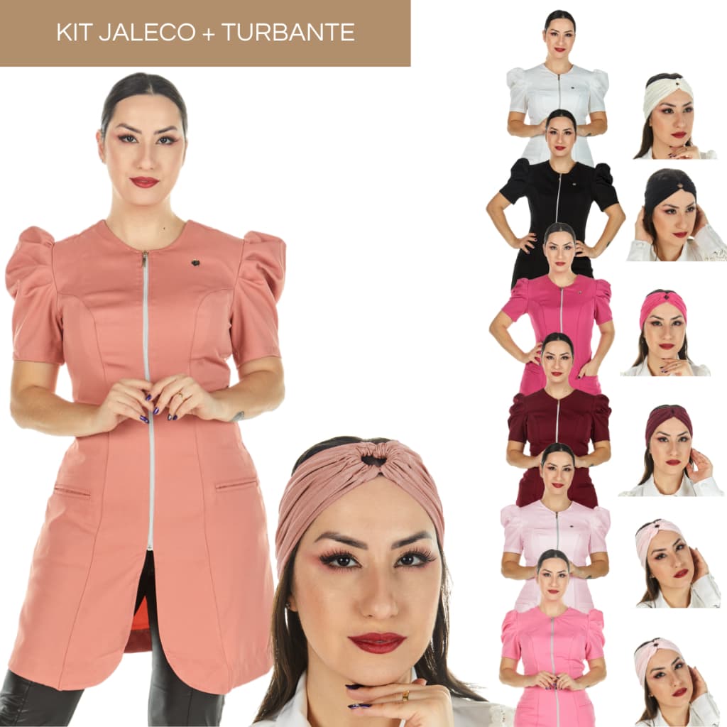 Jaleco Feminino Manga Curta Bufante Princesa Acinturado Two Way Com Faixa 2 em 1 Turbante de Cabelo