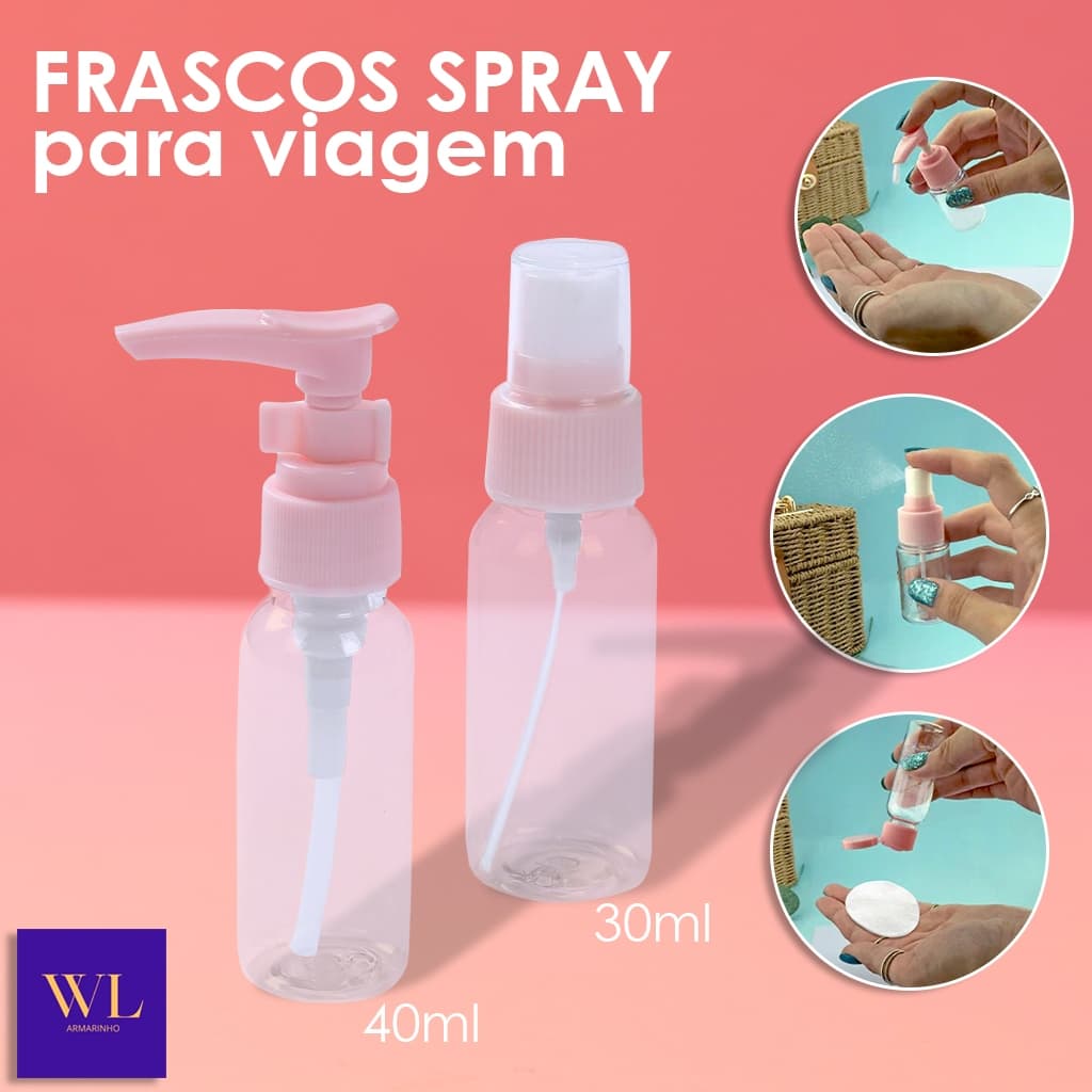 Kit 2 Frascos Viagem 40ml 30ml Portátil Transparente Perfume Spray Cosméticos Álcool Água Higiene Pessoal