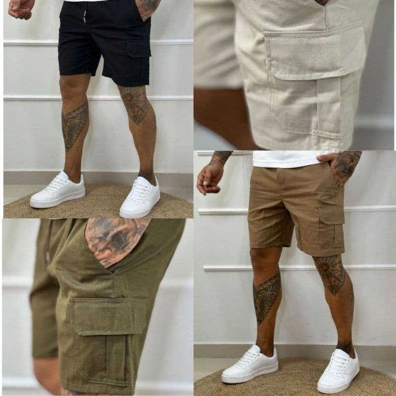 Bermuda Masculina Cargo Street Curta Shorts Sarja Casual Com Bolso Lateral 4 Bolsos