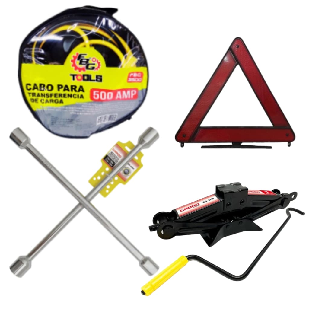 Kit Estepe Carro Chave De Roda Cruz +Macaco Sanfona + Cabo chupeta 3,5m 500A+ Triangulo