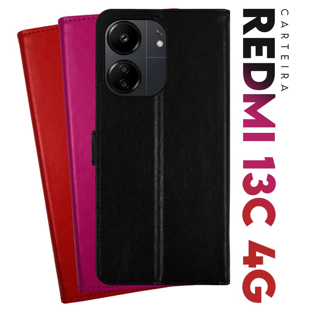 Capa Case Capinha Carteira Flip Cover Couro Sintético PRETA Para Xiaomi Redmi 13c 4g tela 6.74 Cell in Power25