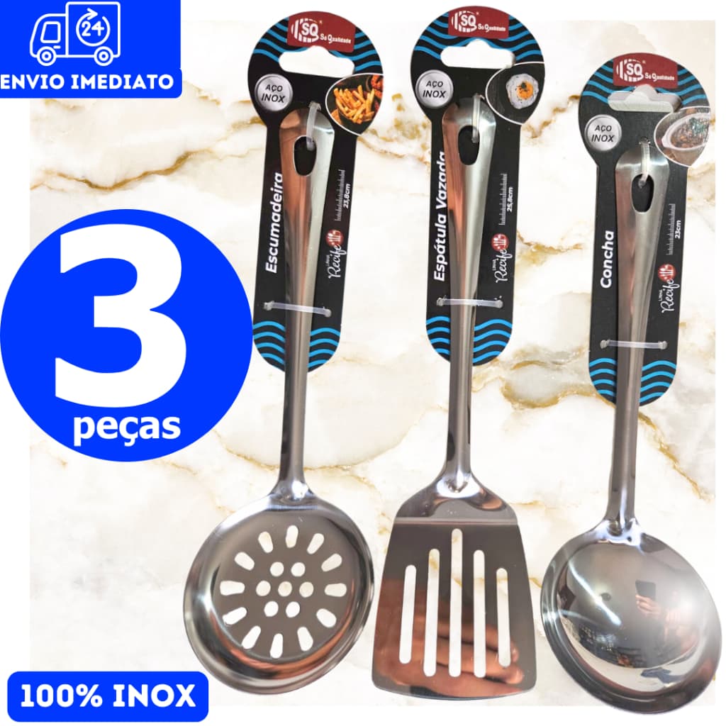 Kit Inox 3 pçs Escumadeira + Concha + Espátula Vazada Cozinha coisas diferentes para casa