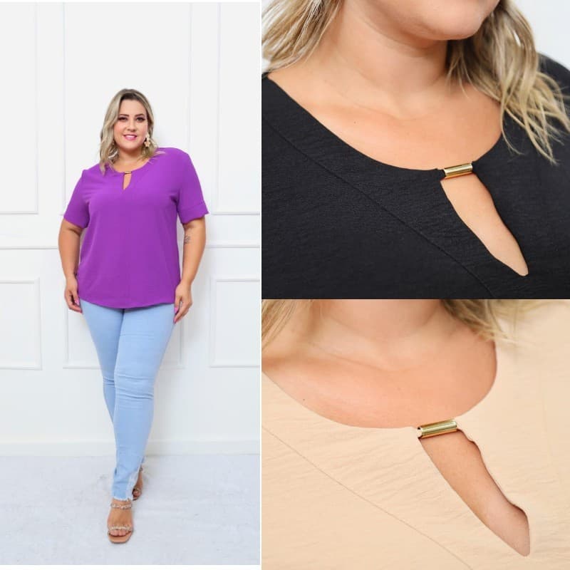 Camisa Feminina Plus Size DUNA Lisa Gola Redonda com Fivela Manga Curta