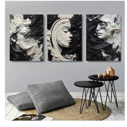 Quadros decorativos Pintura a óleo de lona texturizada grossa, preto e branco (3 peças)