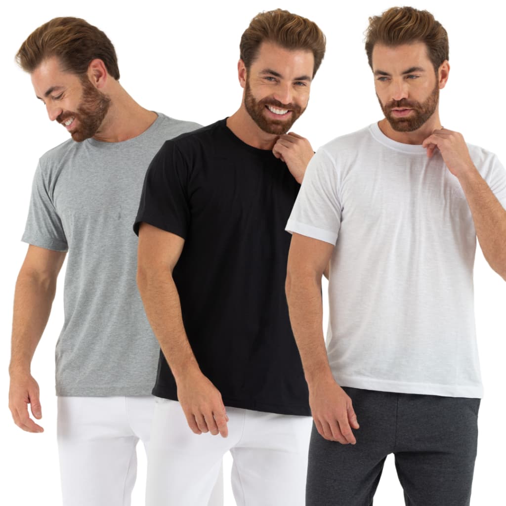 Kit 3pçs Camisetas Lisas Premium Masculinas 100% Algodão Fio 30.1 Penteado Durável e Confortável