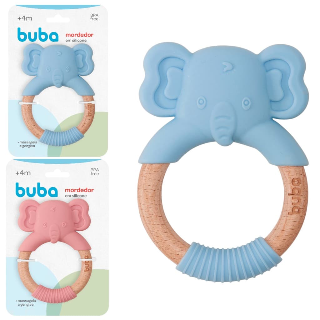 Mordedor E Massageador Elefantinho Rosa e Azul Em Silicone Buba