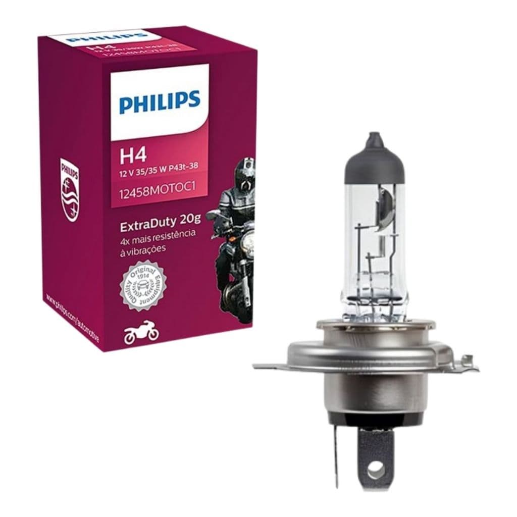 LÂMPADA HALÓGENA MOTO H4 PHILIPS EXTRA DUTY 35/35W 12V FAROL ALTO E BAIXO