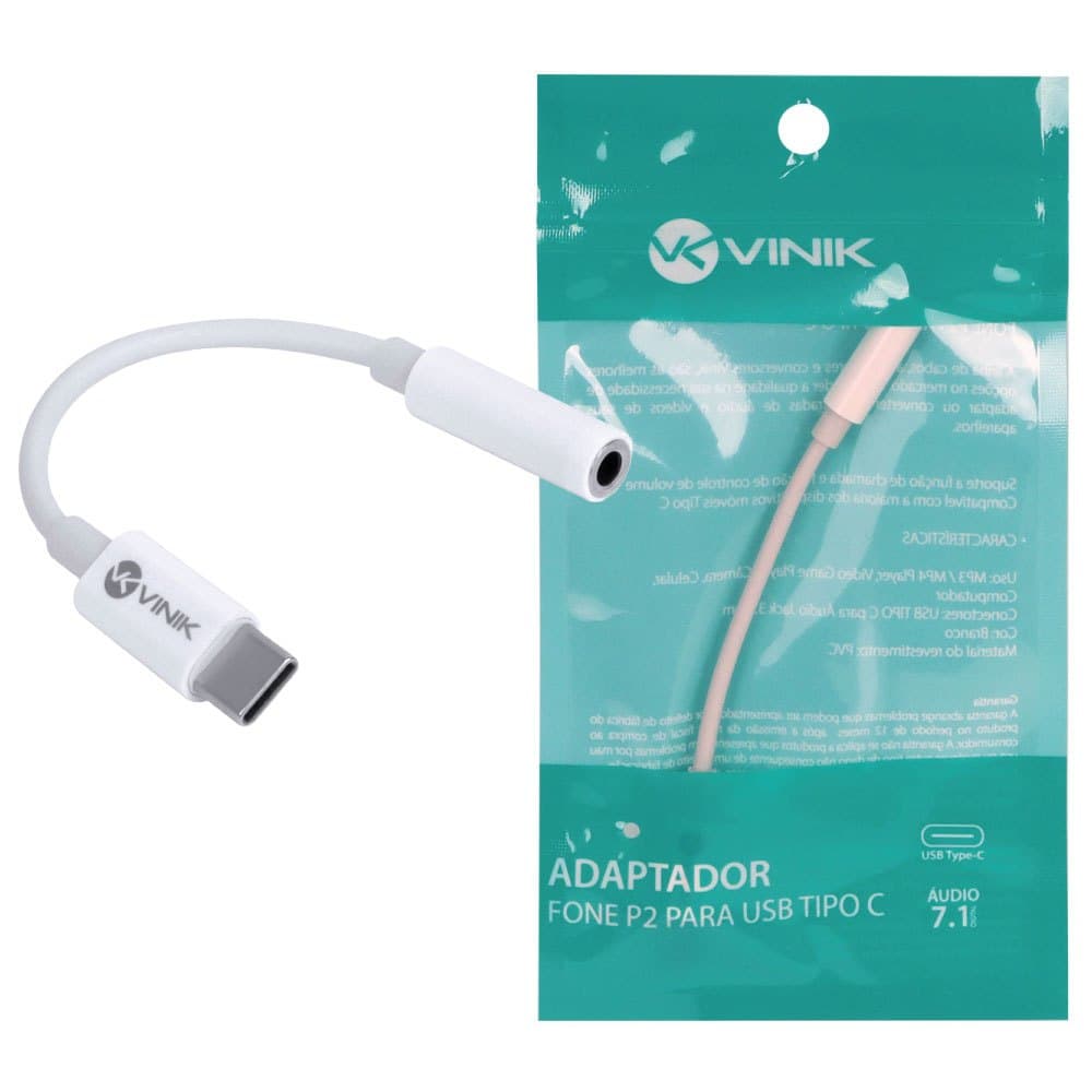 Cabo Adaptador USB Tipo C para P2 Branco Vinik