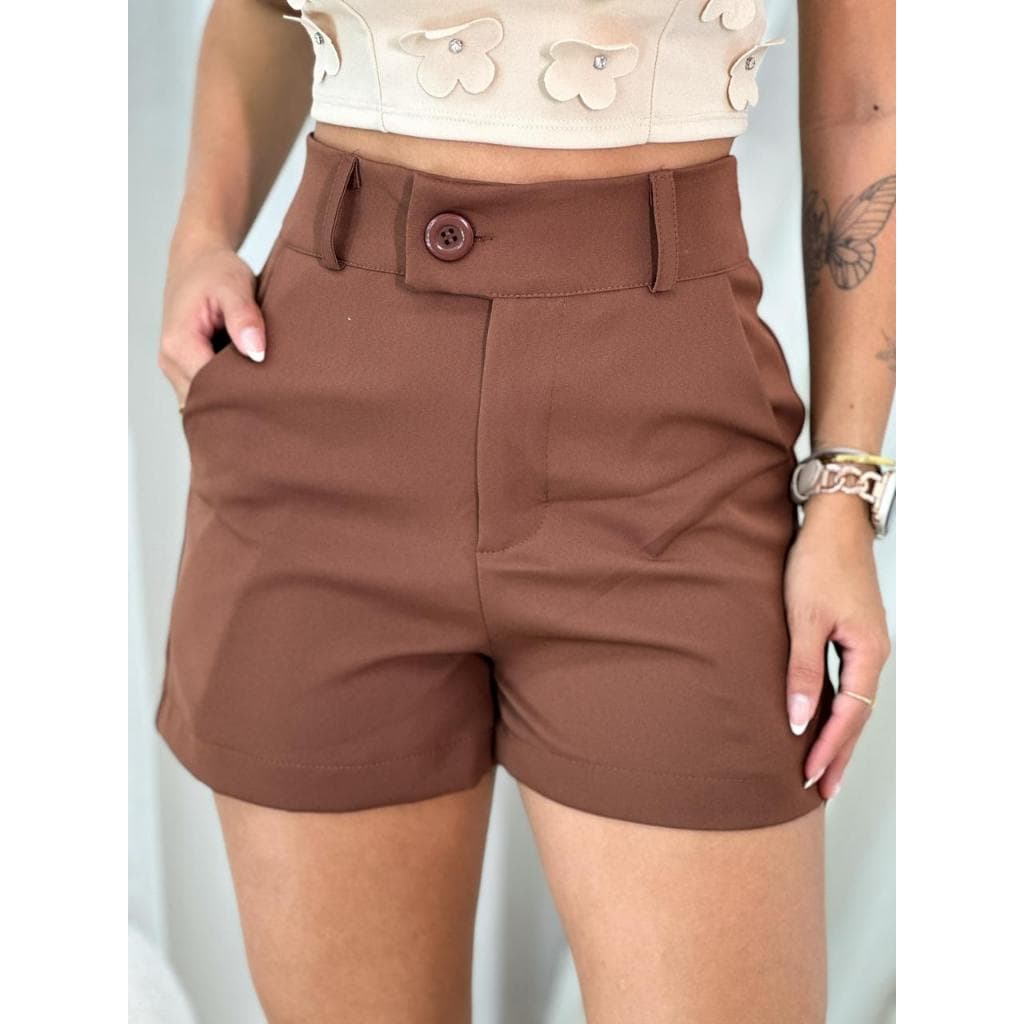 Short Social Alfaiataria Botão Cintura Alta Lateral Bolso Casual Social Elegante Trabalho Bermuda Cintura Alta Curto