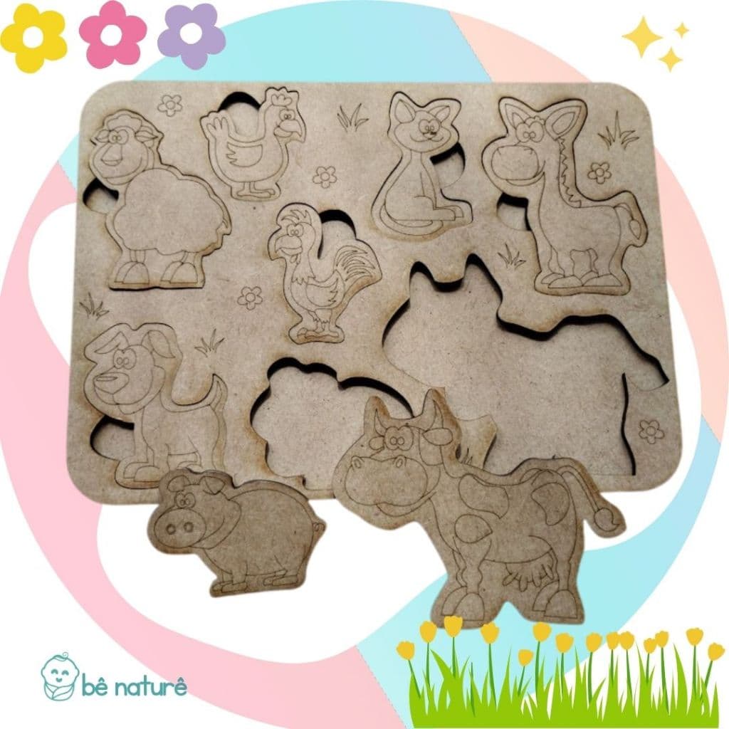 Jogo de Encaixe em MDF - Animais da Fazenda  - Didático Brinquedos Crianças