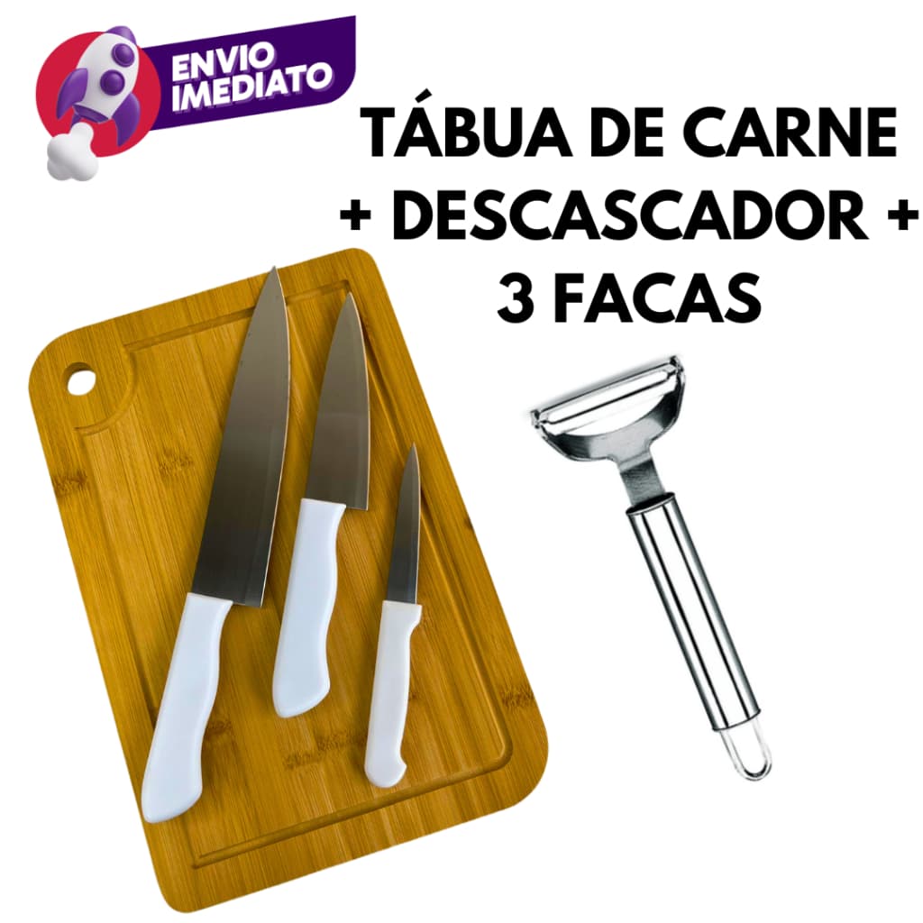Kit Churrasco 5 Pç: Tábua Corte Madeira Bambu Descascador Legumes Jogo 03 Facas Inox Cabo Branco
