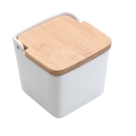 Saleiro De Mesa Grande Cerâmica Com Tampa De Bambu 12cm