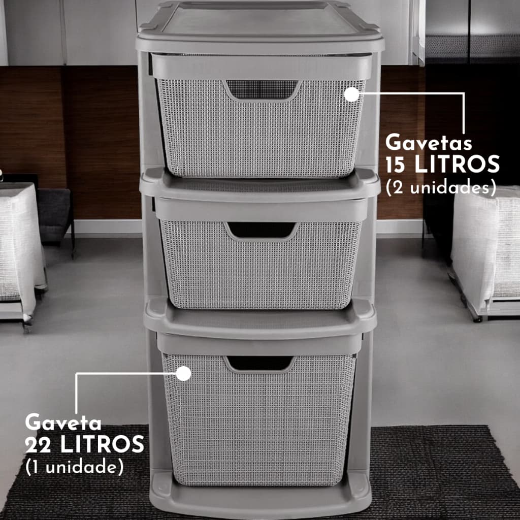 Gaveteiro Organizador de Chão com 3 Gavetas em Plástico Jutta 15 Litros 22 Litros Organização Jaguar