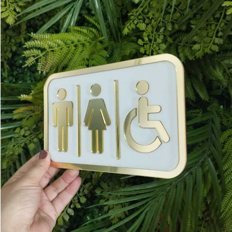 Placa Sinalização Porta Banheiro Unissex Pcd Mdf Acrílico Espelhado Identificação Loja Comercio