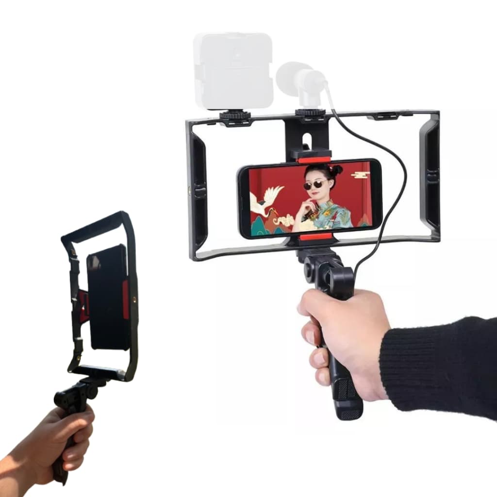 Estabilizador Gaiola Cage P/ Celular + Mini Tripé Grip de Mão Gravação Na Vertical e Horizontal