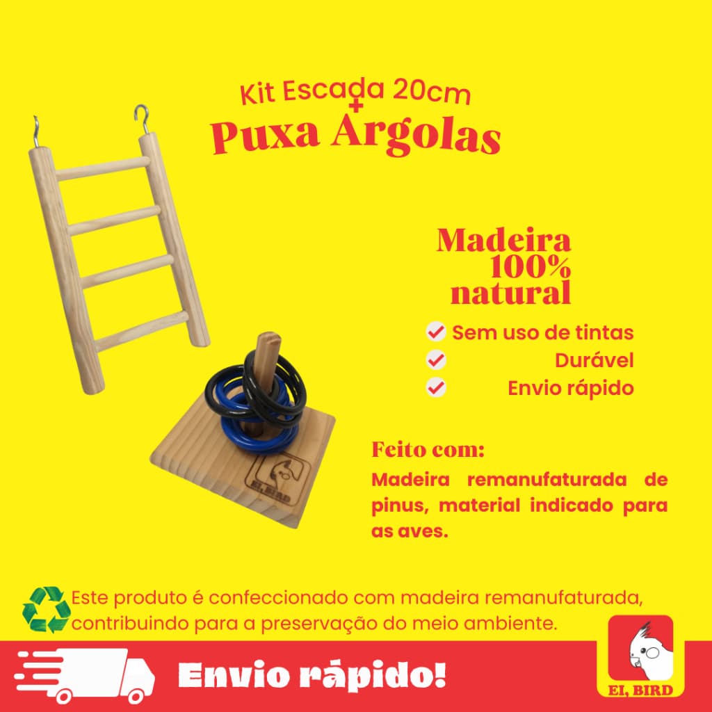 Kit Escadinha 20cm + Puxa Argolas para calopsita, periquito, agapornis, rosela, ring neck