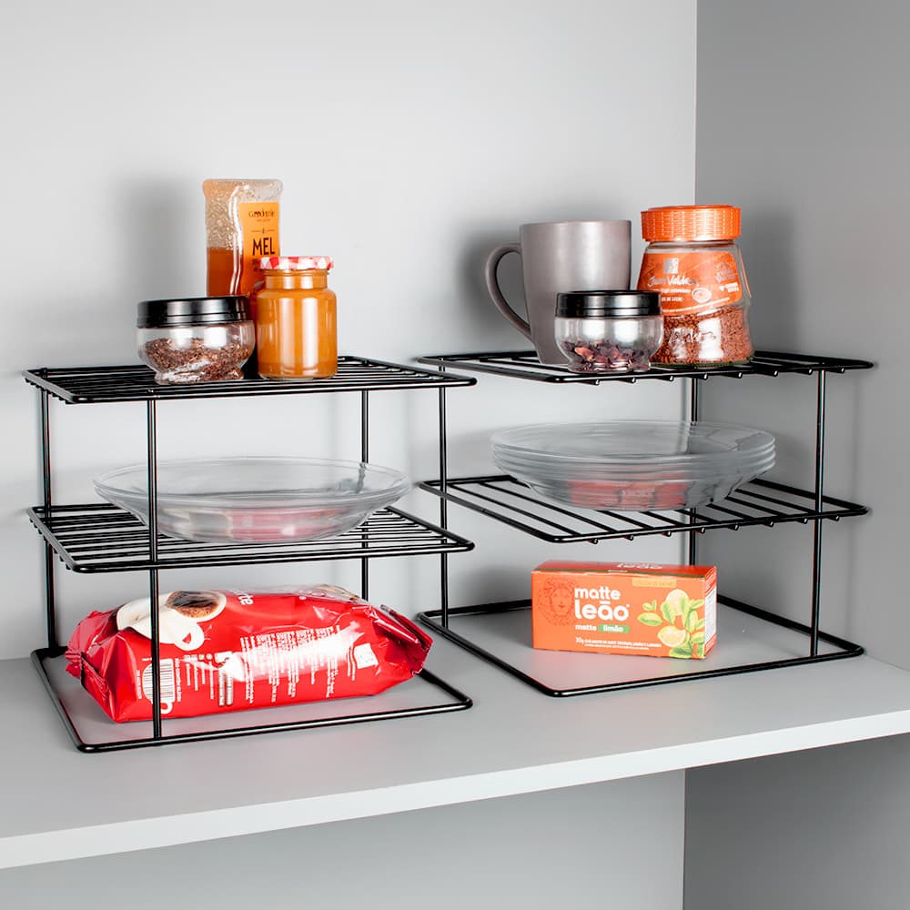 Kit 2 Organizadores Quadrado Armário Cozinha Prateleiras Divisória Pratos Resistente 15kg Aramado