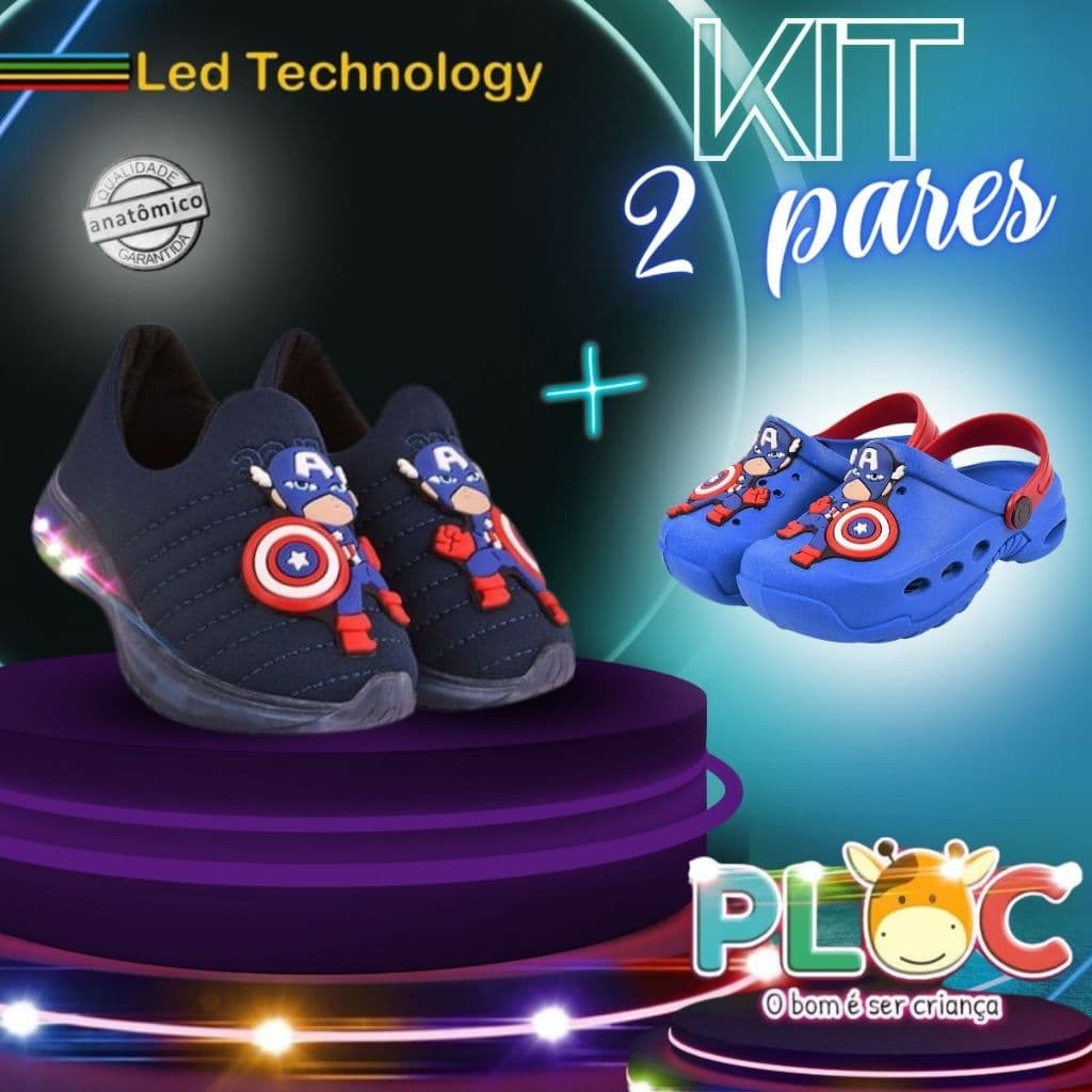 2 PARES PLOC - 1 TÊNIS infantil com LED + 1 BAB CAPITÃO BABY