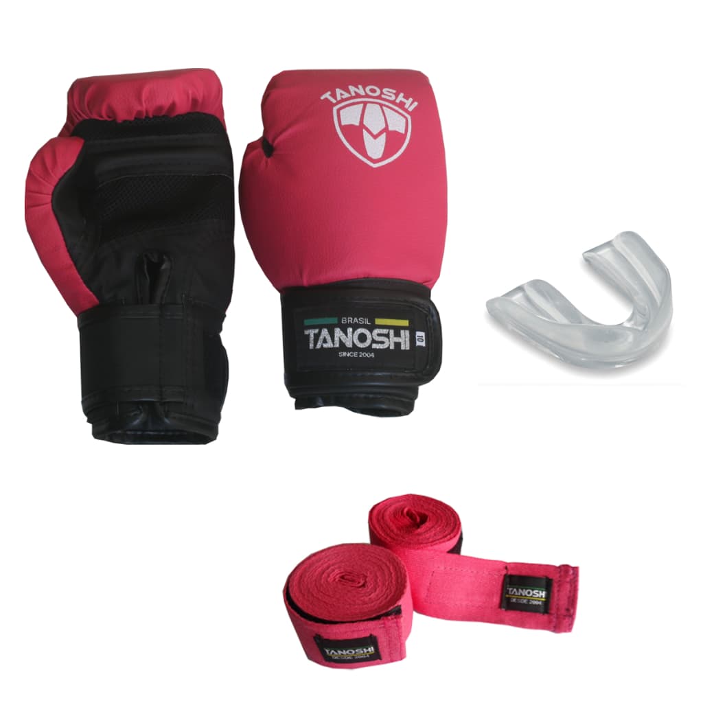 Kit KNG Pink Rosa Luva Boxe + bandagem + bucal para MuayThai Sanda Kick luta