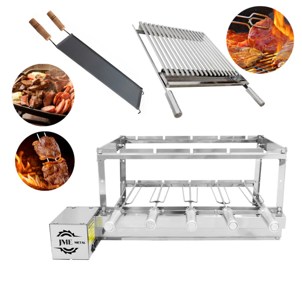Churrasqueira Inox 5 Espetos + Bifeteira + Grelhas Argentina