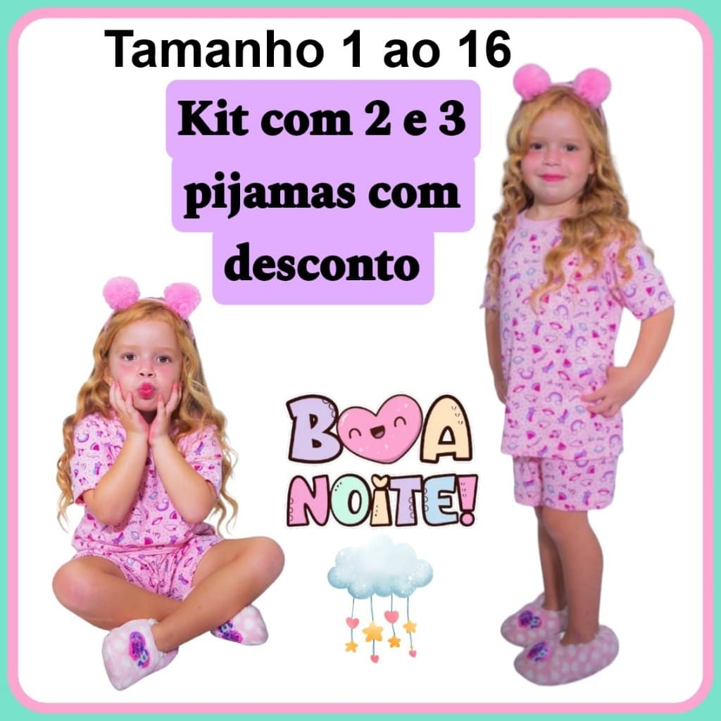 1, 2 ou 3 Pijama Infantil Manga Curta Bebê Menina Feminino Verão 100% Algodão 1 ao 16 Mafessoni