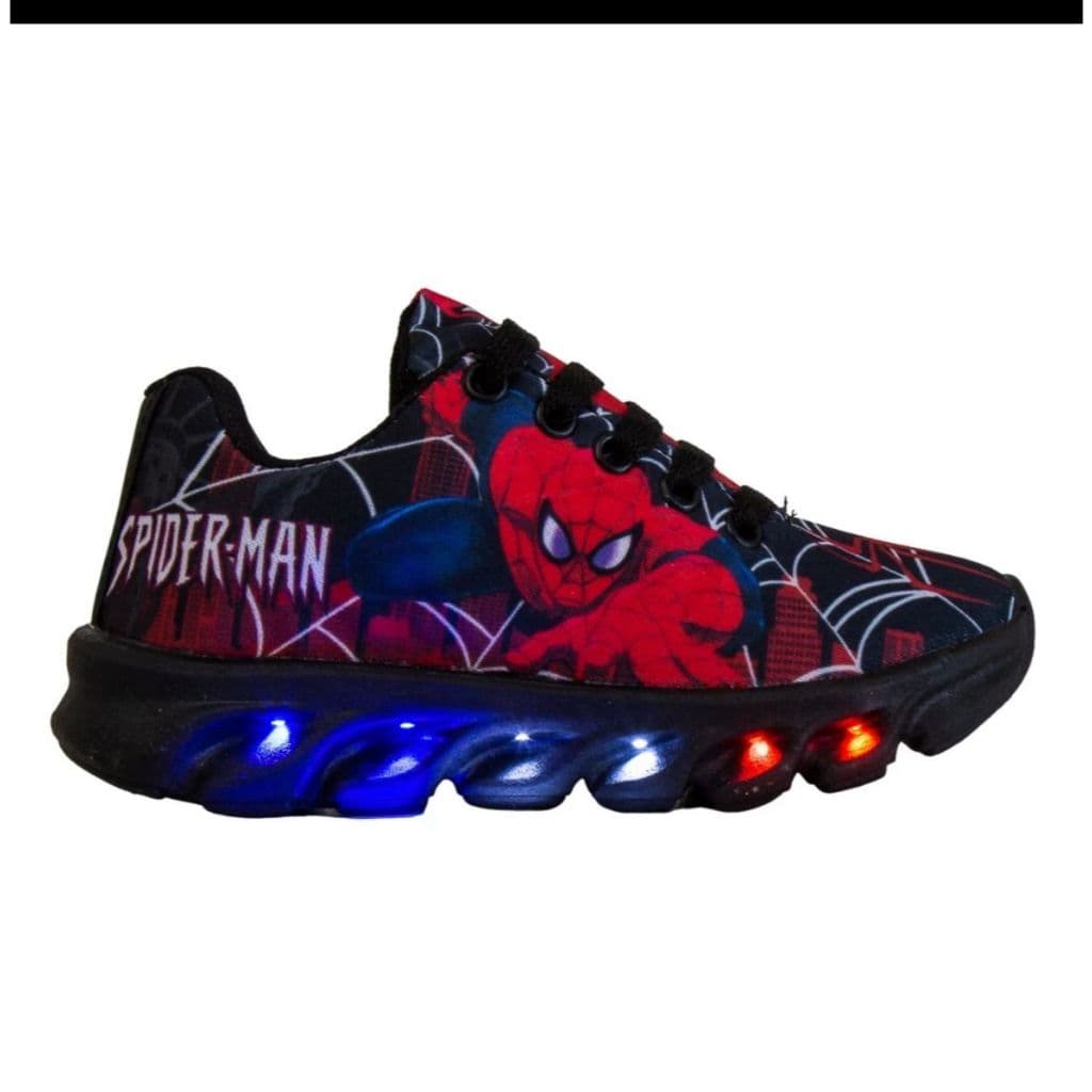 Tênis Led Infantil Casual Meninos Homem Aranha Preto Luzinha