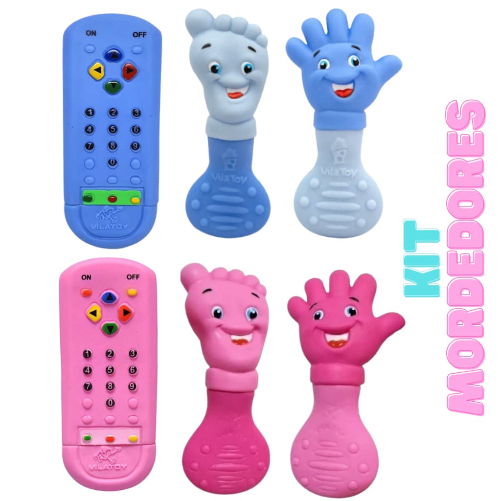 Kit Mordedor Bebê Super Macio Anti Stress Gengiva Controle + Mãozinha + Pezinho Azul e Rosa