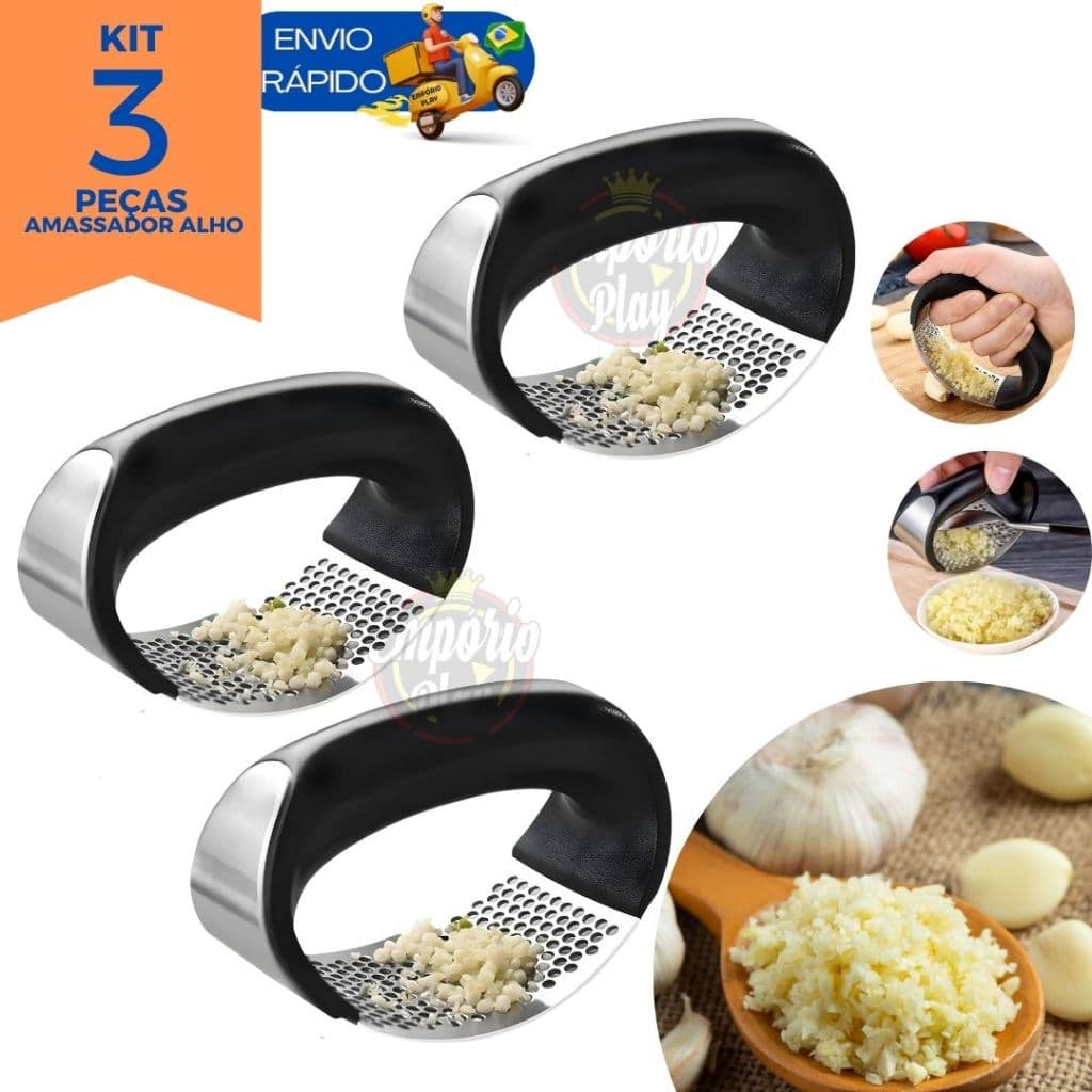 Kit 3 Espremedor Amassador Triturador De Alho Inox Manual Cozinha Moedor