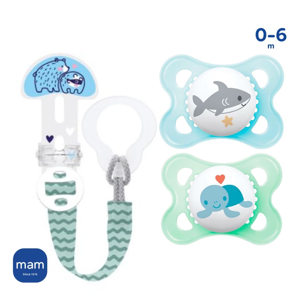 Chupeta e Prendedor MAM Menino 0-6 meses Dupla e Prendedor MAM com Estojo Clip IT!& Cover Bico Silicone