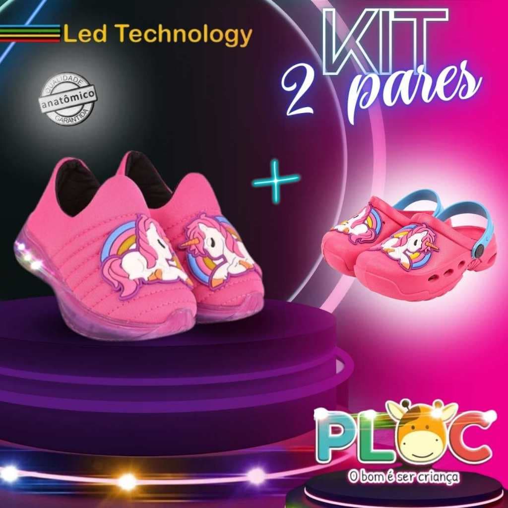 KIT INFANTIL 2 PARES PLOC - 1 TÊNIS LED + 1 BAB UNICÓRNIO - CRIANÇA (LED14 PINK + BAB14 PINK)