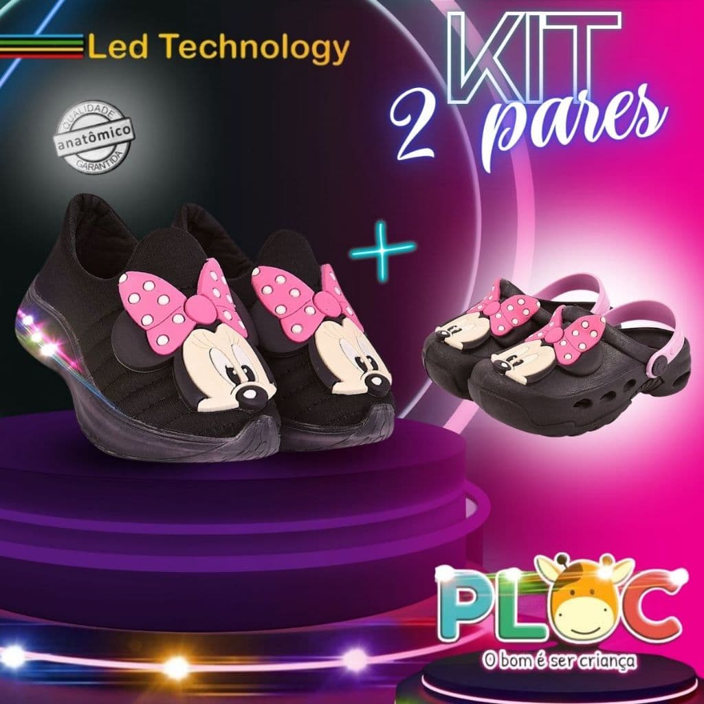 2 PARES PLOC - 1 TÊNIS infantil com LED + 1 BAB MINNIE PRETO (LED03 PRETO + BAB03 PRETO - MINNIE )