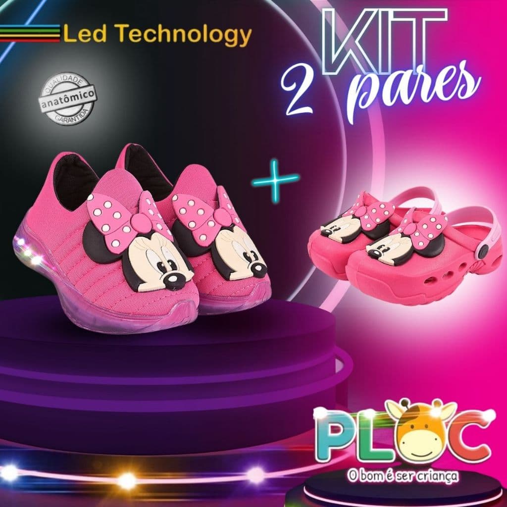 2 PARES PLOC - KIT COM 1 TÊNIS LED/LUZ + 1 BAB MINNIE POÁ PINK (LED03 PINK + BAB03 PINK)