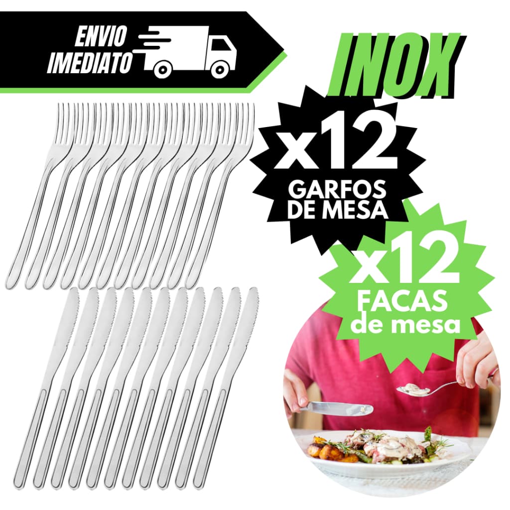 Jogo 12 Garfos de Mesa 12 Facas AÇO INOX Kit 24pçs Cozinha Casa Talheres Mesa Faqueiro