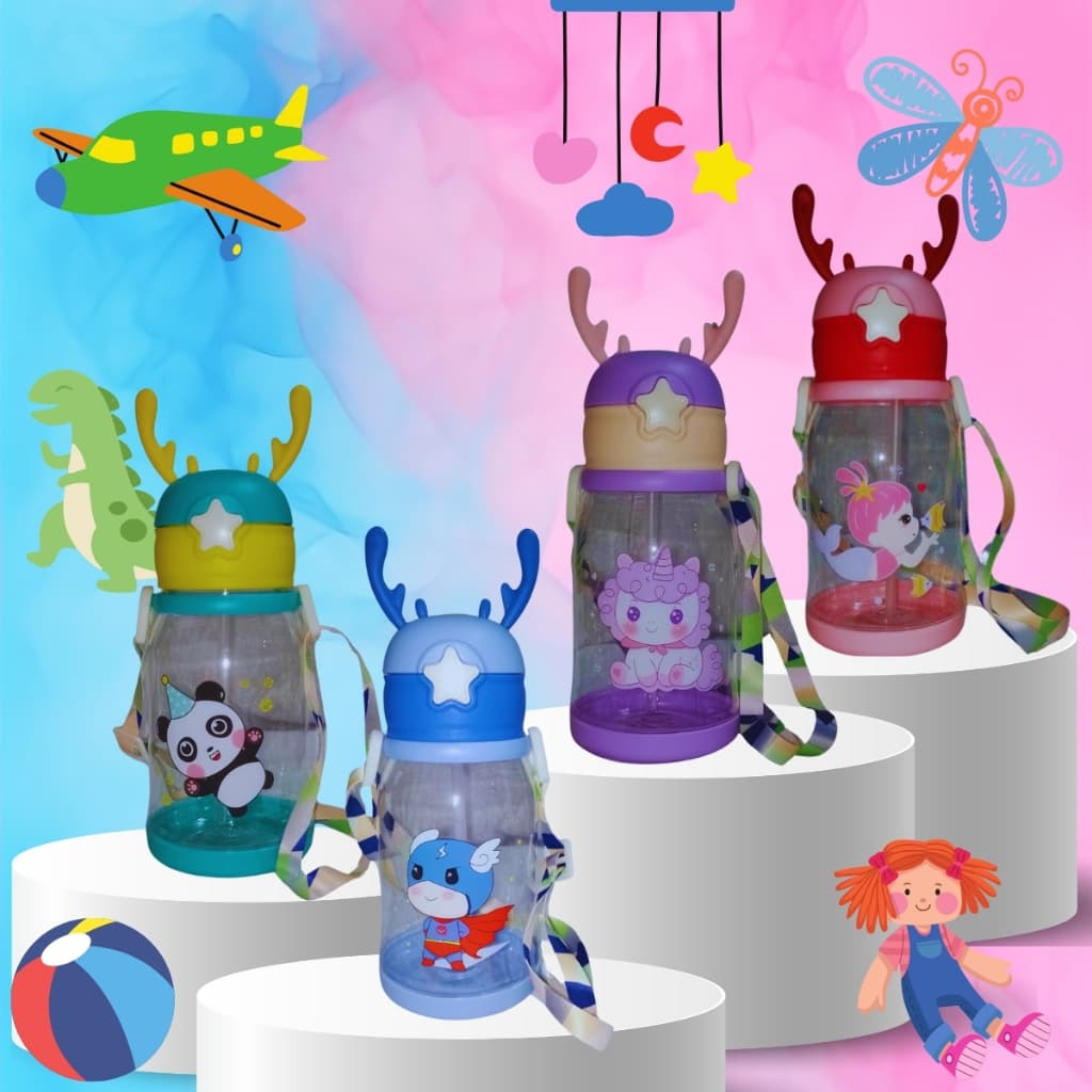 Garrafa De Alce Água Infantil Criança Portátil Com Canudo Desenho Fantasia Para Meninas ou Meninos