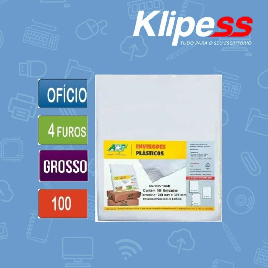 Envelope Plástico Ofício 4 Furos Grosso, Embalagen Com 100 unidades Acp.