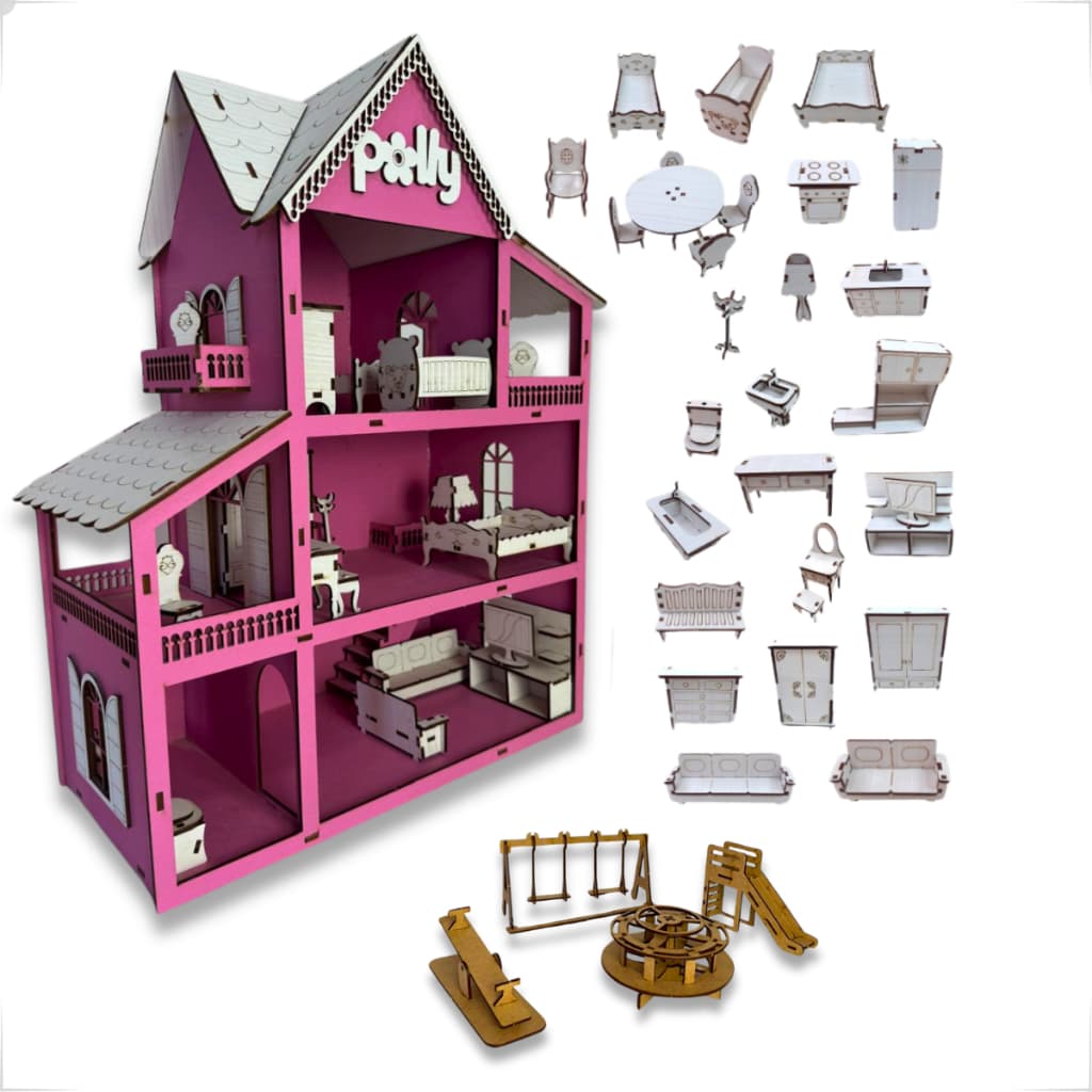 Casinha Polly Três Andares 57x45cm Mdf Com Móveis E Parquinho Para Brincar