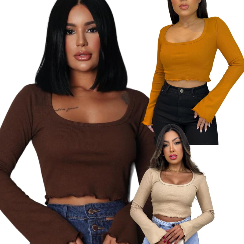 kit 3 Cropped feminino decote quadrado manga longa flaer bege marrom caramelo canelado premium lançamento