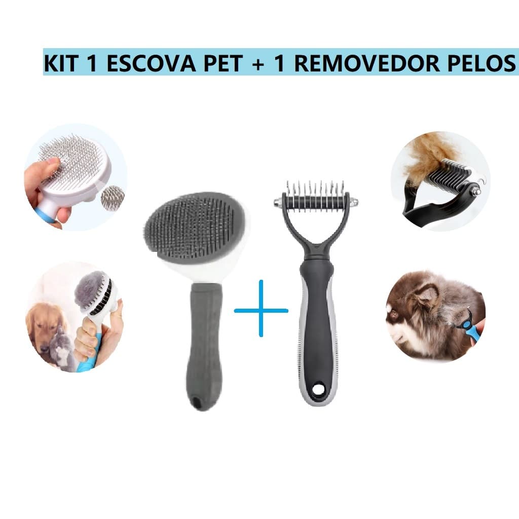 Kit Escova Pet Removedora De Pelos + Desembolador De Pelos Pet Pet Cães E Gatos Rake Rasqueadeira 11 Dentes